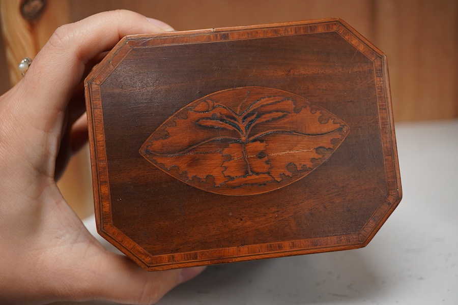 A George III Sheraton period mahogany and marquetry tea caddy, 12cm high